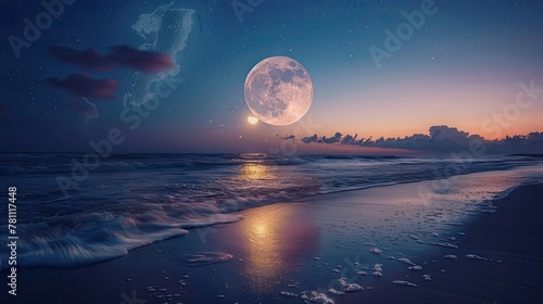 Witness the mesmerizing sight of a bright moon rising above the tranquil sea surface.