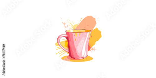  cute cartoon coffee splash in a pink cup  in the style of a doodle  simple flat illustration  minimalist drawing with sparkles and stars on a white background