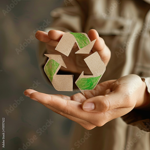 a studio shot of a closeup of A hand holding recycle symbol, copy space