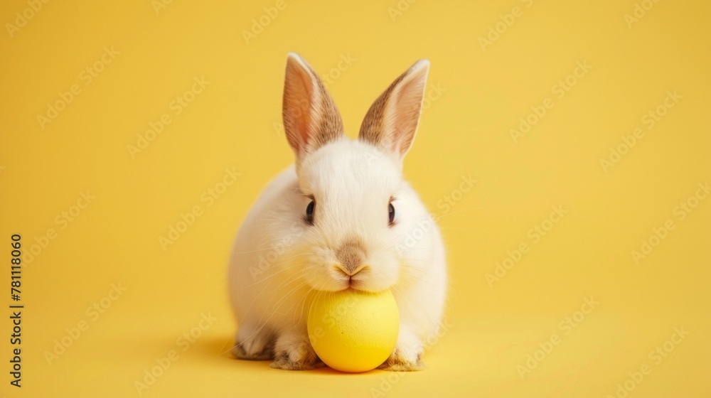 Easter bunny with a yellow egg on a bright minimalistic background, AI Generative.