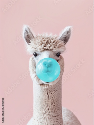 Funny poster. portrait of white alpaca blowing blue bubble gum, on a solid pink background, in a minimalist style with pastel colors and soft lighting. Humor card, t-shirt composition © zayatssv