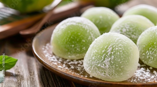 Four green desserts on plate with sugar powder