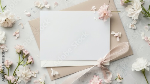 Blank card mockup with whimsical flowers and ribbon, spring freshness, AI Generative.