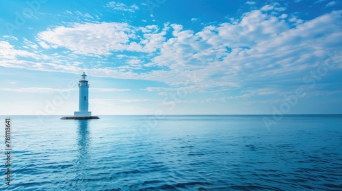 Illuminate the horizon with the timeless beacon of a lighthouse amidst a tranquil sea under a vast blue sky. Solace, safety, and maritime allure