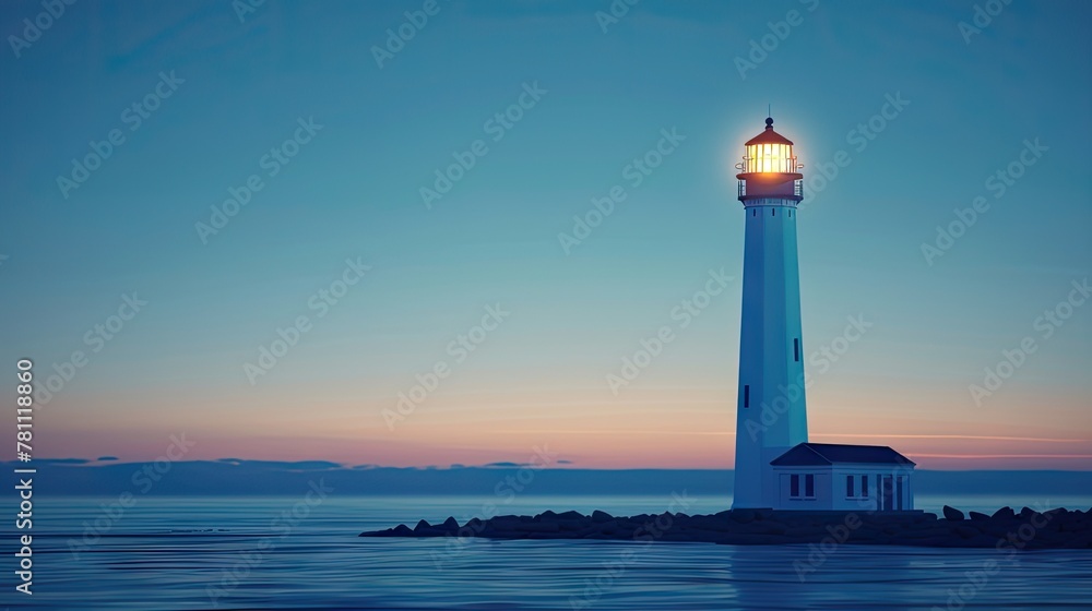 Illuminate the horizon with the timeless beacon of a lighthouse amidst a tranquil sea under a vast blue sky. Solace, safety, and maritime allure