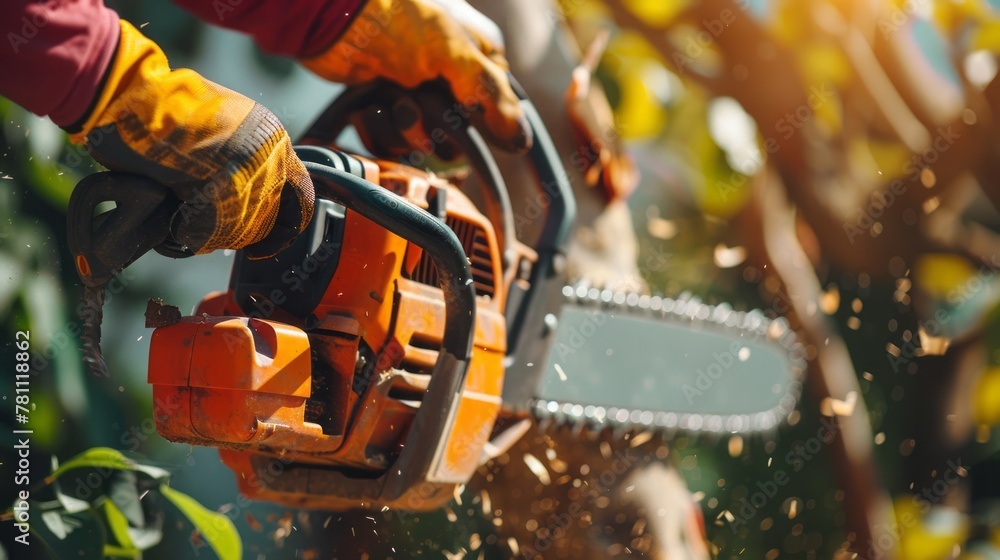 Construction worker using chainsaw to trim trees with power tool on site close-up Construction worker using chainsaw to trim trees with power tool on site close-up