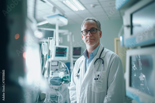 A confident medical professional stands in a hospital corridor, donned in a white lab coat with a stethoscope around his neck, in front of medical equipment. photo