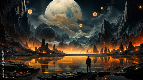 Lone Explorer Contemplates Fiery Alien Terrain Under Majestic Planetary Bodies