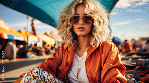 Stylish Young Woman in Trendy Orange Jacket and Sunglasses at Urban Street Market in Summer