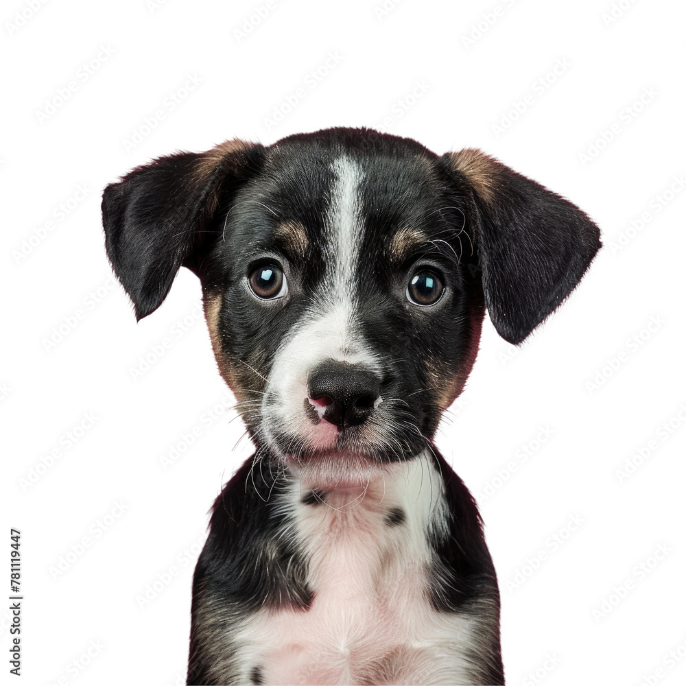 A black and white dog with a pink nose