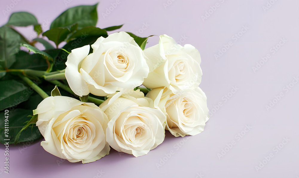 white roses with empty space for text lavender background, Generative AI white roses with empty space for text lavender background, Generative AI