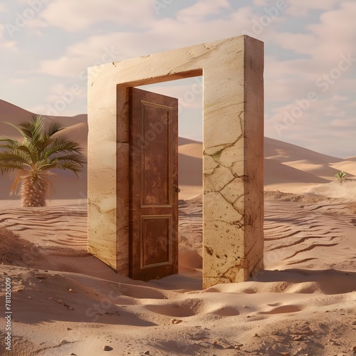 Opend door with sunset in the sand background
 photo