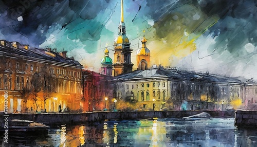 hand drawn sketch of saint petersburg with watercolor old city landscape photo