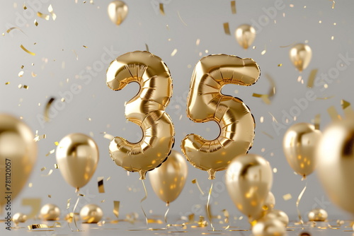 Gold helium floating balloons made in shape of number thirty-five. Birthday party or wedding anniversary for 35 years celebration. Festive background	
