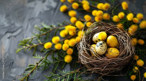 Closeup of nest, eggs, and flowers on table