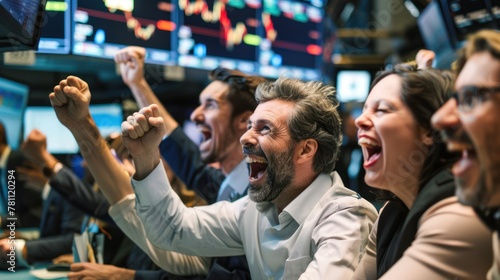 A group of investors reacting with excitement to news of positive indicators in the market.