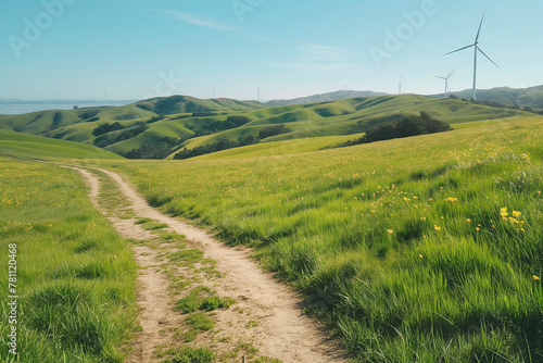 A windy dirt path meanders through a vibrant green hillside dotted with yellow wildflowers, with wind turbines against a clear blue sky in the background. photo