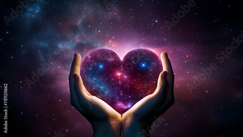 Hands cradling a cosmic heart-shaped nebula against a starry space background. Conceptual digital art for themes of universal love and mysticism in design and print.