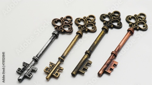 Three old keys on white surface