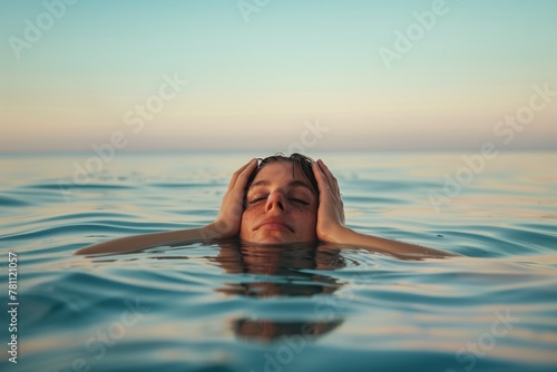A beautiful woman lies in the water of an indoor pool with her eyes closed, seen from above and behind, closeup of her head and shoulders