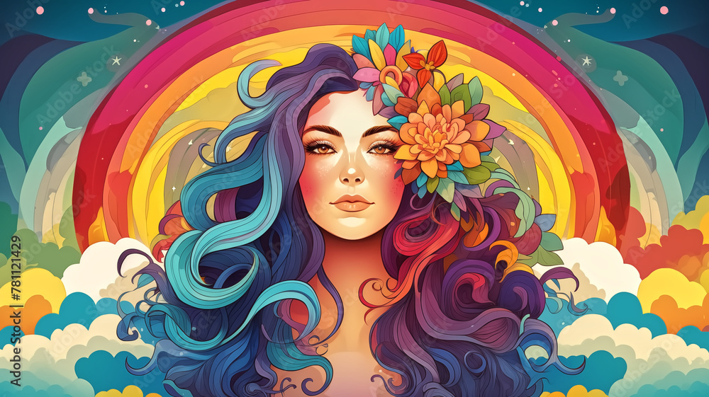 Illustration of a woman with blue hair and floral decoration, with a colorful rainbow and clouds in the background. Digital art with vibrant fantasy and nature elements, suitable for design and print 