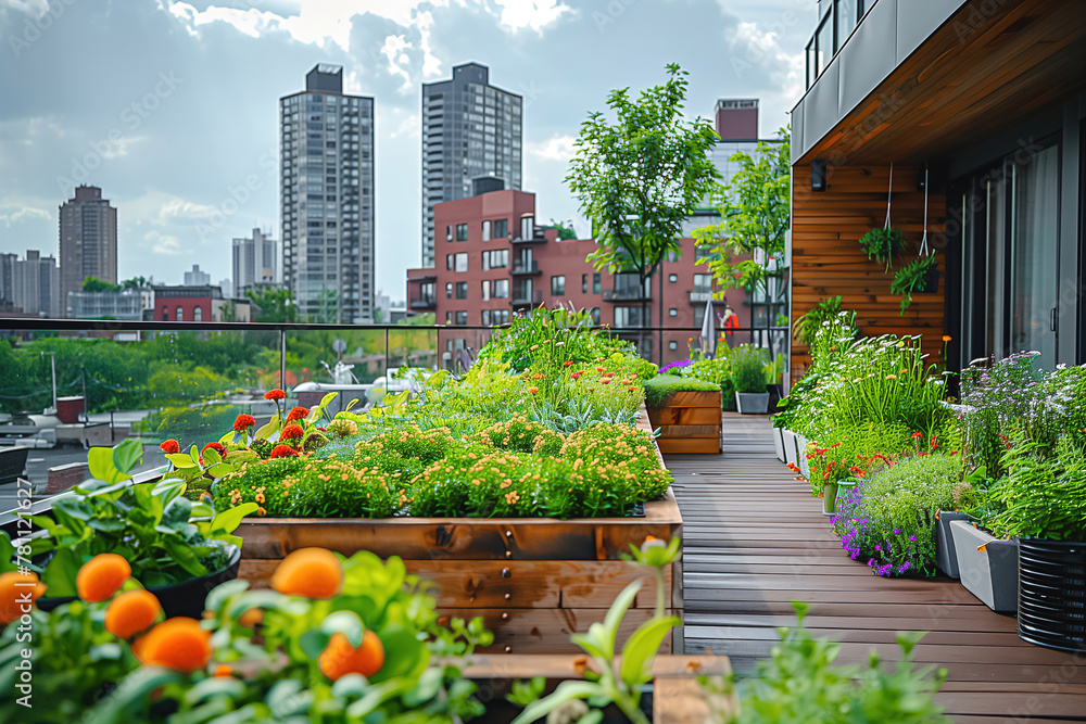 Rooftop Garden Overlooking Urban Buildings Rooftop Garden Overlooking Urban Buildings