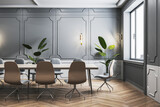 Contemporary classic meeting room interior with wooden flooring, furniture and window. 3D Rendering.