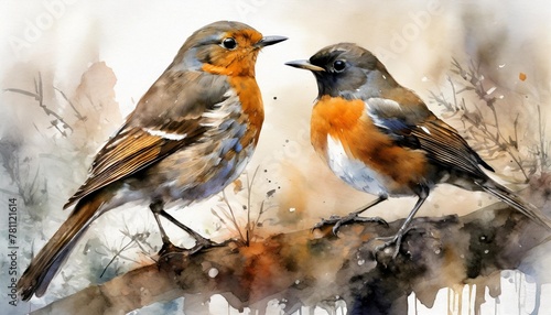 set of watercolor birds isolated on white robin and blackbird hand painted illustration © Joseph