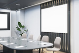 Contemporary wooden and concrete conference room interior with empty white mock up billboard and furniture. Presentation concept. 3D Rendering.
