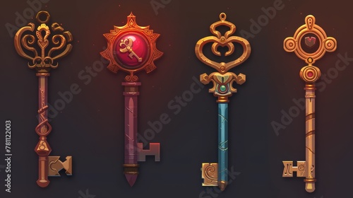 Set of vintage keys with different symbols and precious stones. Isolated icons for games