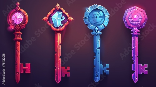 Set of vintage keys with different symbols and precious stones. Isolated icons for games