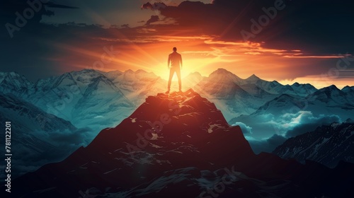 Silhouette of business male stand and feel happy on the most hight at the mountain on sunset, success, leader, teamwork, target, Aim, confident, achievement, goal, on plan, finish, generate by AI photo
