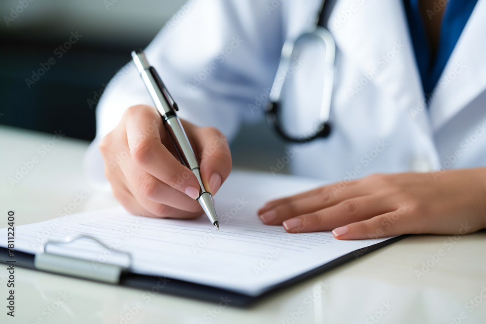 Fototapeta premium Hands of general practitioner filling paper medical records. Doctor in white coat doing paperwork at workplace with laptop, writing notes, preparing documents, reports, prescription. Close up