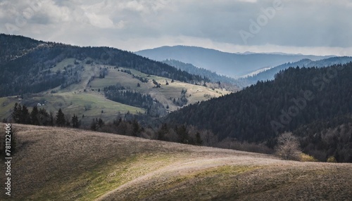 panoramic view of carpathian countryside in spring mountainous rural landscape of ukraine with forested rolling hills and grassy meadows on a sunny day