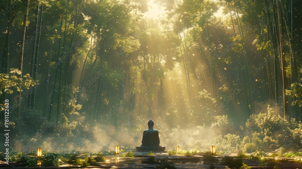 Buddha in meditation surrounded by towering bamboo, a symbol of Zen serenity, dusk light enhancing the spiritual atmosphere, AI Generative Buddha in meditation surrounded by towering bamboo, a symbol of Zen serenity, dusk light enhancing the spiritual atmosphere, AI Generative