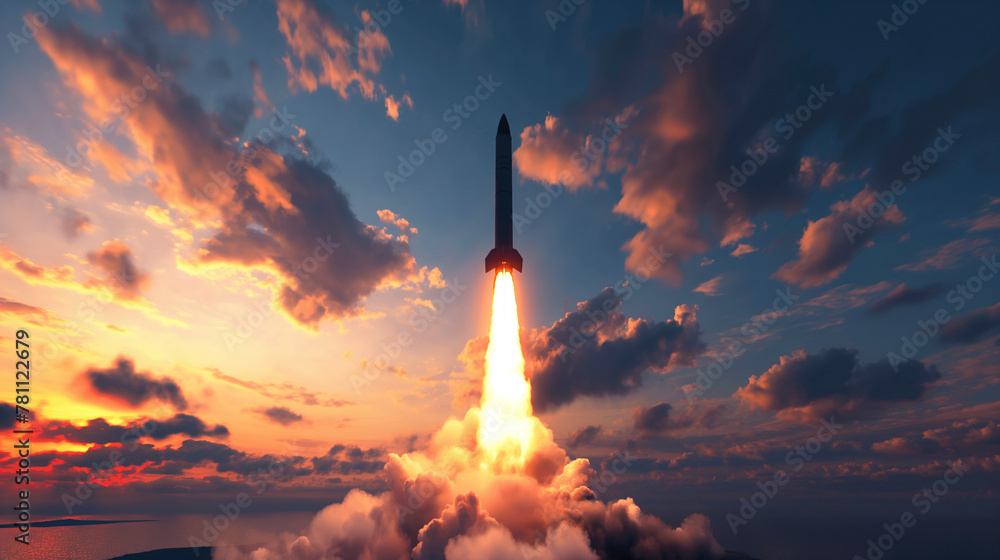 A rocket is piercing through the clouds in the dusky afterglow, launching into space from the horizon, leaving behind the polluted atmosphere