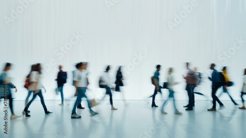 blurred business people walking at a trade fair, conference or walking in a modern hall, motion speed blur, AI Generative