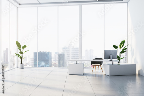 Modern white concrete office interior with panoramic windows and city view. Workplace concept. 3D Rendering.