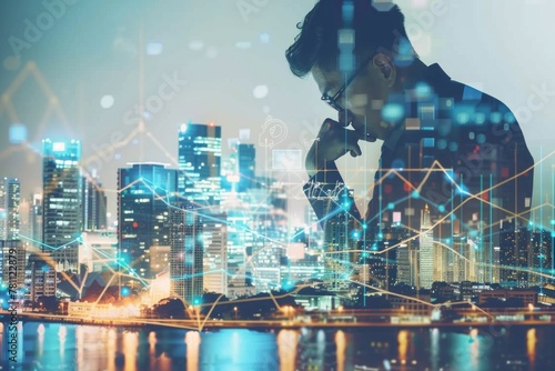Businessman working on financial data and business graphs charts in the style of city background double exposure