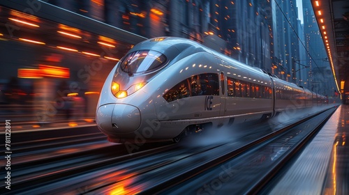 streamlined train darting across international borders  concept of rapid passenger transit  future of logistics  on a magnate s rail network  dynamic  cinematic  AI Generative