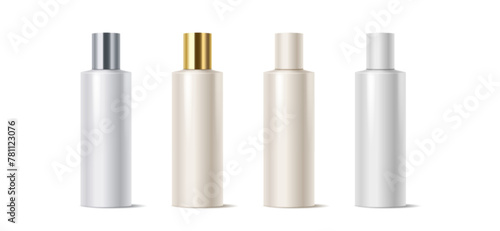 Mockup cosmetic products bottles with plastic caps realistic vector illustration set. Cosmetics packages 3d objects on white background