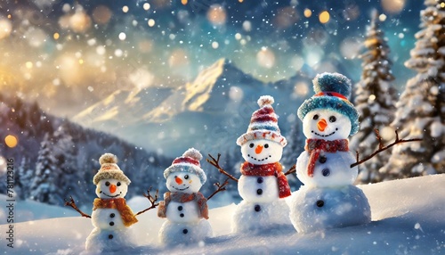 merry christmas and happy new year greeting card with copy space many snowmen standing in winter christmas landscape winter background