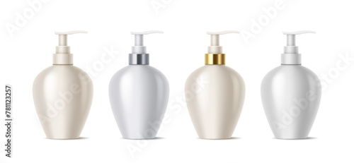 Blank dispenser bottles realistic vector illustration set. Commercial design. Cosmetic products mockup packages 3d objects on white background