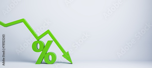 Canvas Print falling green chart arrow with percent icon on wide white background with mock up place