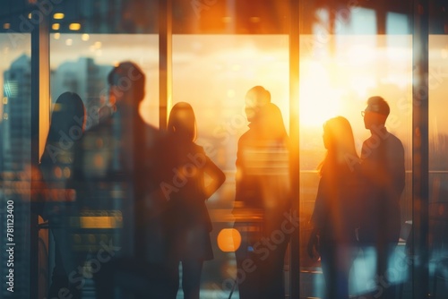 Silhouettes of business people standing in an office with sunlight streaming through the windows