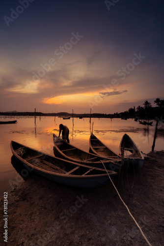 Traditional boats at O Loan lagoon in sunset, Phu Yen province, Vietnam