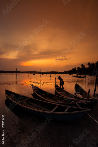 Traditional boats at O Loan lagoon in sunset, Phu Yen province, Vietnam