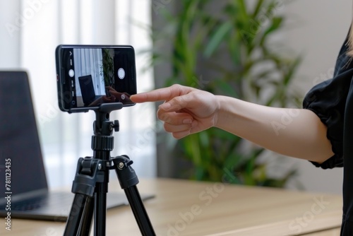 A woman's hand is pointing at the phone on top of an tripod