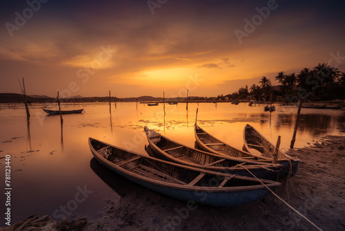 Traditional boats at O Loan lagoon in sunset  Phu Yen province  Vietnam