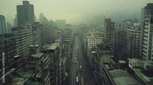 The fog blankets the city, shrouding the skyscrapers and tower blocks in mist. Urban design emerges from the clouds, creating a mysterious cityscape